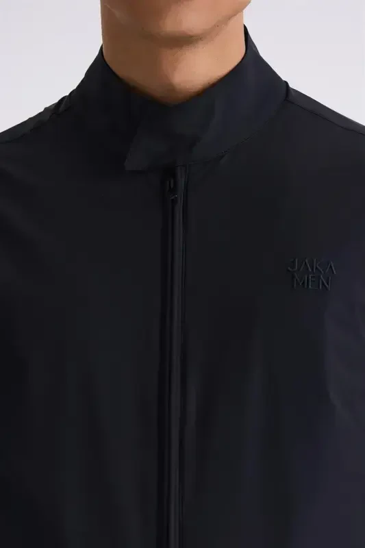 Black Comfort Fit Stand Collar Zip Front Transitional Jacket - 3