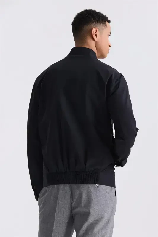 Black Comfort Fit Stand Collar Zip Front Transitional Jacket - 4