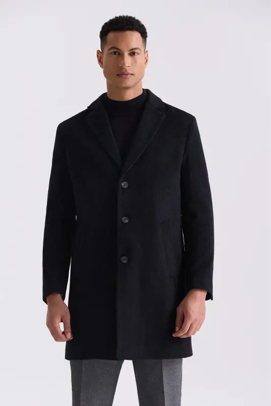 Black Comfort Fit Stand-Up Collar Side Pocket Wool Coat - JAKAMEN