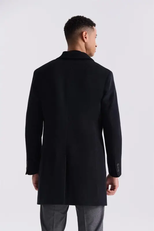 Black Comfort Fit Stand-Up Collar Side Pocket Wool Coat - 4