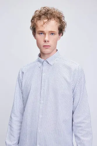 Black Comfort Fit Striped Cotton Button-Down Collar Long Sleeve Shirt - 3