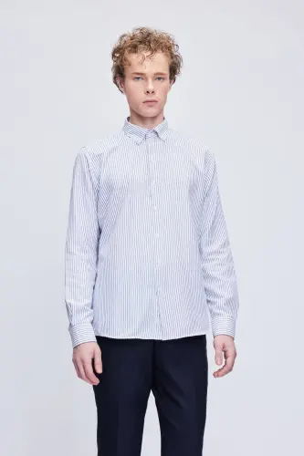 Black Comfort Fit Striped Cotton Button-Down Collar Long Sleeve Shirt 