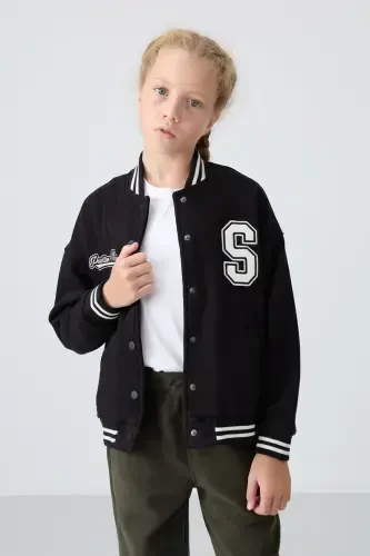 Black Cotton Blend Fleece Lined Soft Touch Standard Fit Embroidered Girls Varsity Jacket - 75163-Black - 1