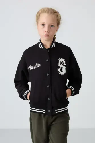 Black Cotton Blend Fleece Lined Soft Touch Standard Fit Embroidered Girls Varsity Jacket - 75163-Black - TOMMY LIFE (1)