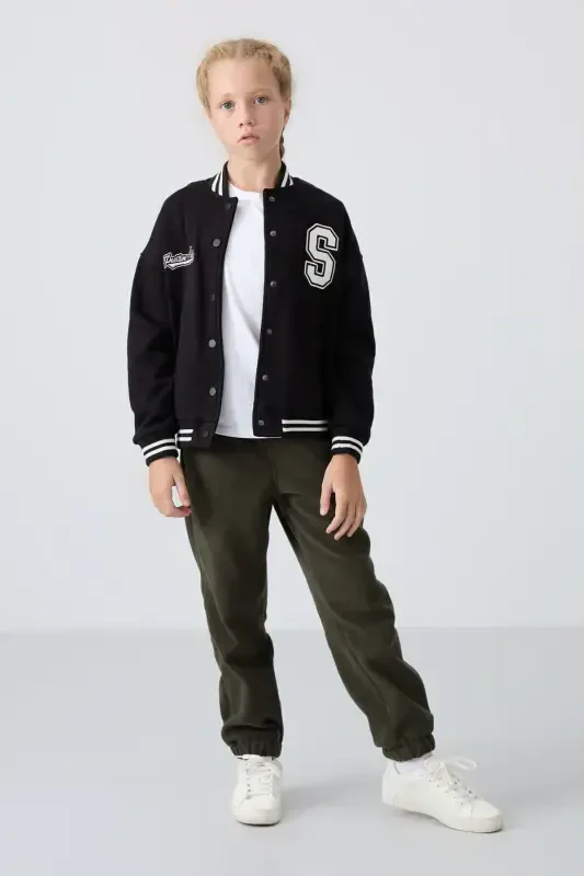 Black Cotton Blend Fleece Lined Soft Touch Standard Fit Embroidered Girls Varsity Jacket - 75163-Black - 4