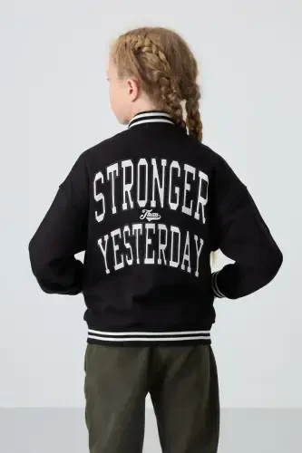 Black Cotton Blend Fleece Lined Soft Touch Standard Fit Embroidered Girls Varsity Jacket - 75163-Black - 5