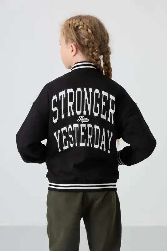 Black Cotton Blend Fleece Lined Soft Touch Standard Fit Embroidered Girls Varsity Jacket - 75163-Black - 5