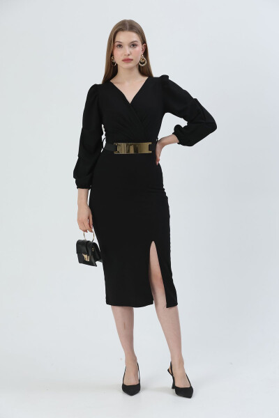 Black Crepe Fabric Crossover Neckline Slit Designed - 1