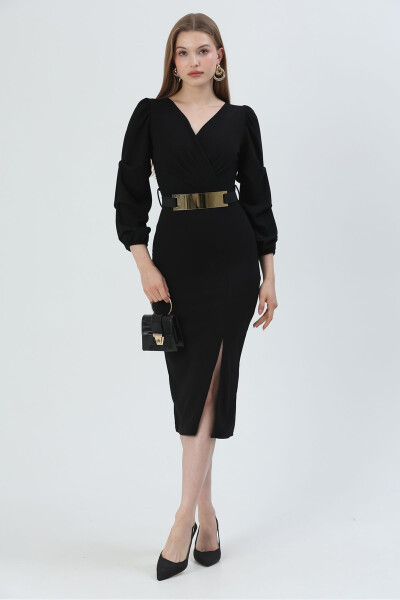 Black Crepe Fabric Crossover Neckline Slit Designed - 2