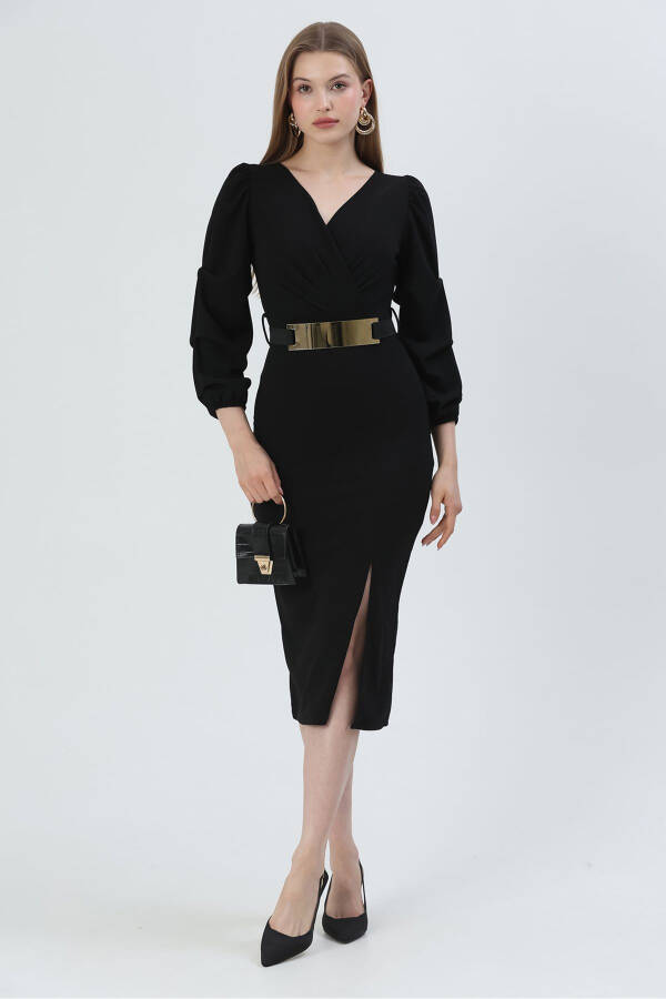 Black Crepe Fabric Crossover Neckline Slit Designed - 2