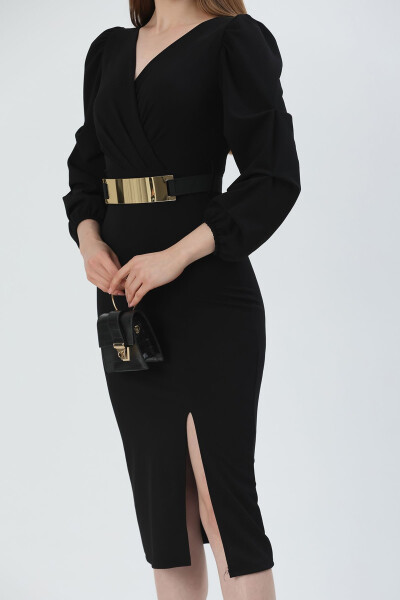 Black Crepe Fabric Crossover Neckline Slit Designed - 5