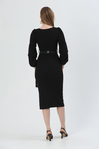 Black Crepe Fabric Crossover Neckline Slit Designed - 8
