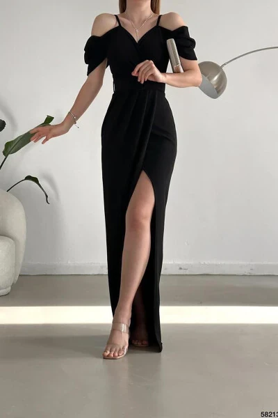 Black crepe fabric, wrap collar, slit, belted dress. - 3