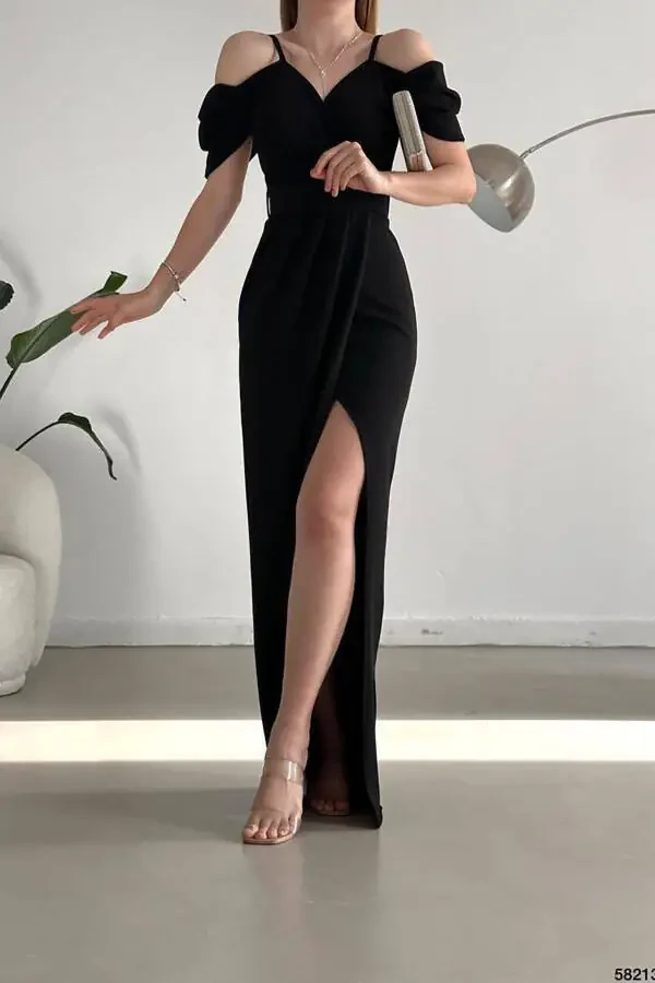 Black crepe fabric, wrap collar, slit, belted dress. - 3