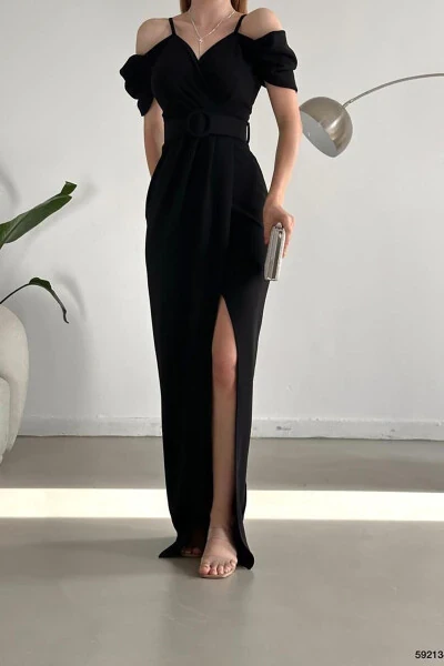 Black crepe fabric, wrap collar, slit, belted dress. - 4