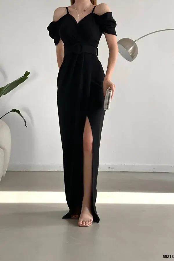 Black crepe fabric, wrap collar, slit, belted dress. - 4