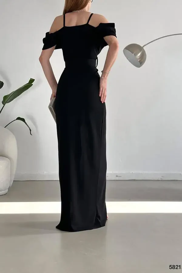 Black crepe fabric, wrap collar, slit, belted dress. - 5