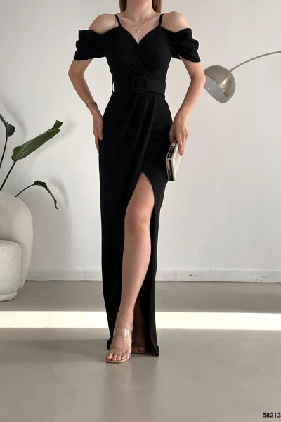 Black crepe fabric, wrap collar, slit, belted dress. - 6