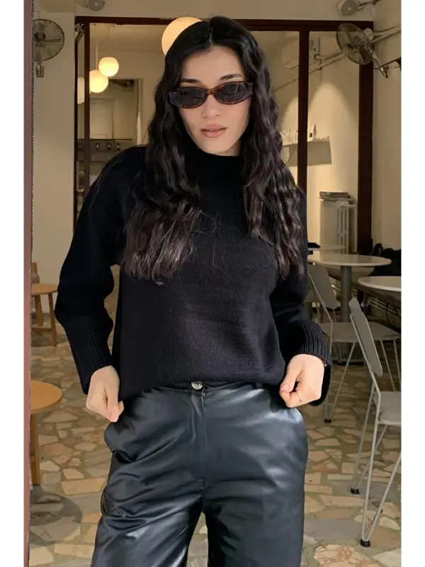 Black Crew Neck Oversize Knitwear Sweater Mg1972-Black - 5