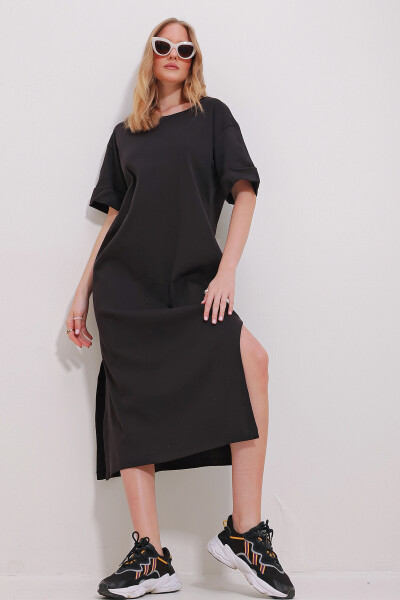 Black Crew Neck Puff Sleeve Slit Dress - TREND ALAÇATI STILI