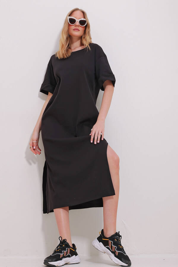 Black Crew Neck Puff Sleeve Slit Dress - 1