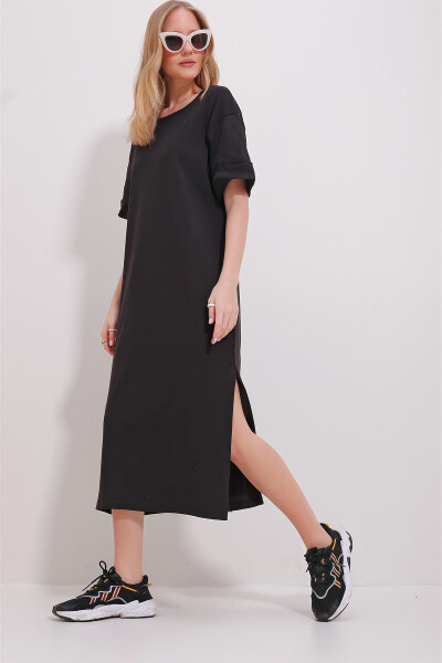 Black Crew Neck Puff Sleeve Slit Dress - TREND ALAÇATI STILI (1)