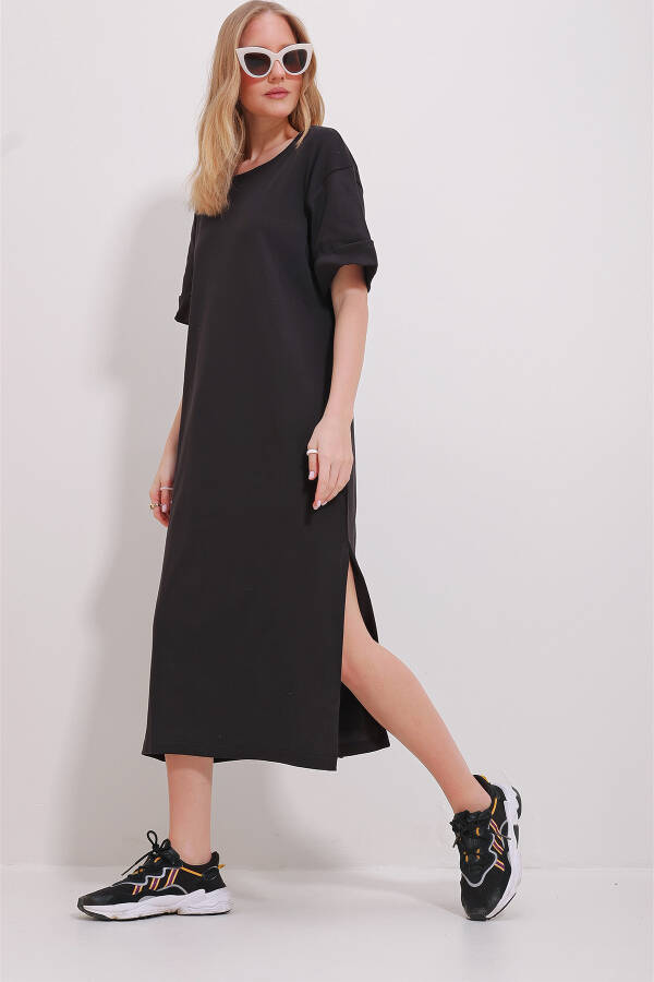 Black Crew Neck Puff Sleeve Slit Dress - 2