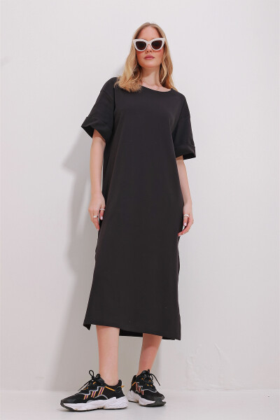Black Crew Neck Puff Sleeve Slit Dress - 3