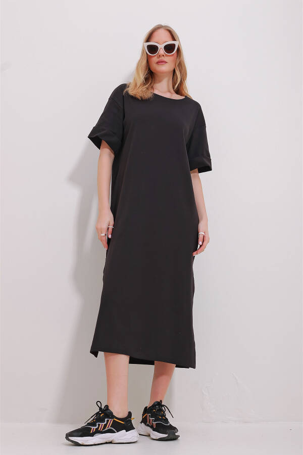 Black Crew Neck Puff Sleeve Slit Dress - 3