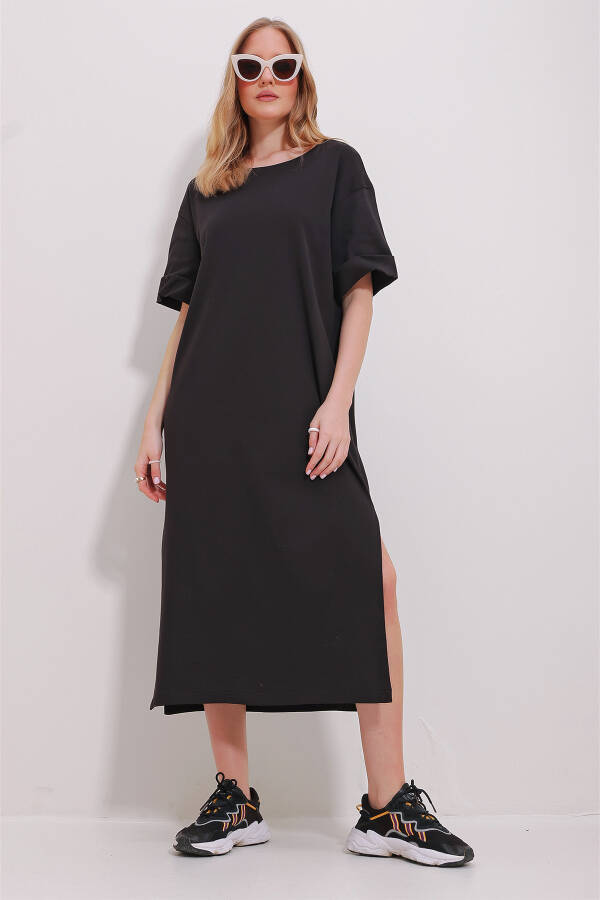 Black Crew Neck Puff Sleeve Slit Dress - 4