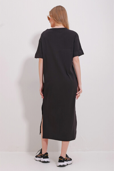 Black Crew Neck Puff Sleeve Slit Dress - 5