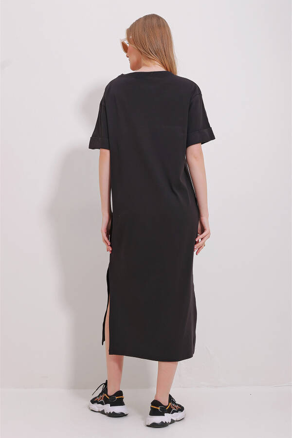 Black Crew Neck Puff Sleeve Slit Dress - 5