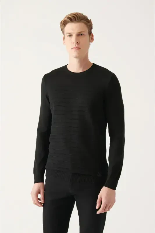 Black Crewneck Knit Detailed Sweater - AVVA