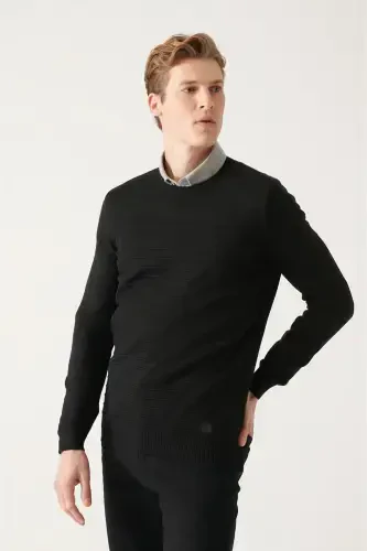 Black Crewneck Knit Detailed Sweater - AVVA (1)