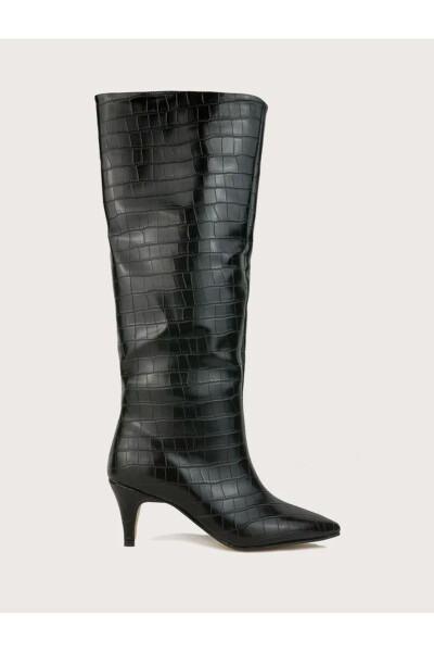 Black crocodile print women's boots with 5 cm heels. - 1