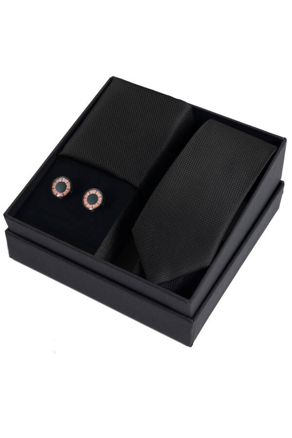 Black Cufflinks & Black Tie & Handkerchief Gift Set - 1