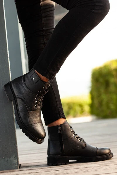 Black Daily Fur Lined Cold and Waterproof Guaranteed Sturdy Non-Slip Rubber Sole Ankle Boots - SANVIO TARZKAR (1)