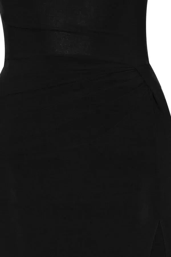 Black Deep Slit Draped Long Evening Dress - 2