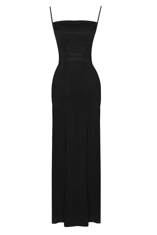 Black Deep Slit Draped Long Evening Dress - 3