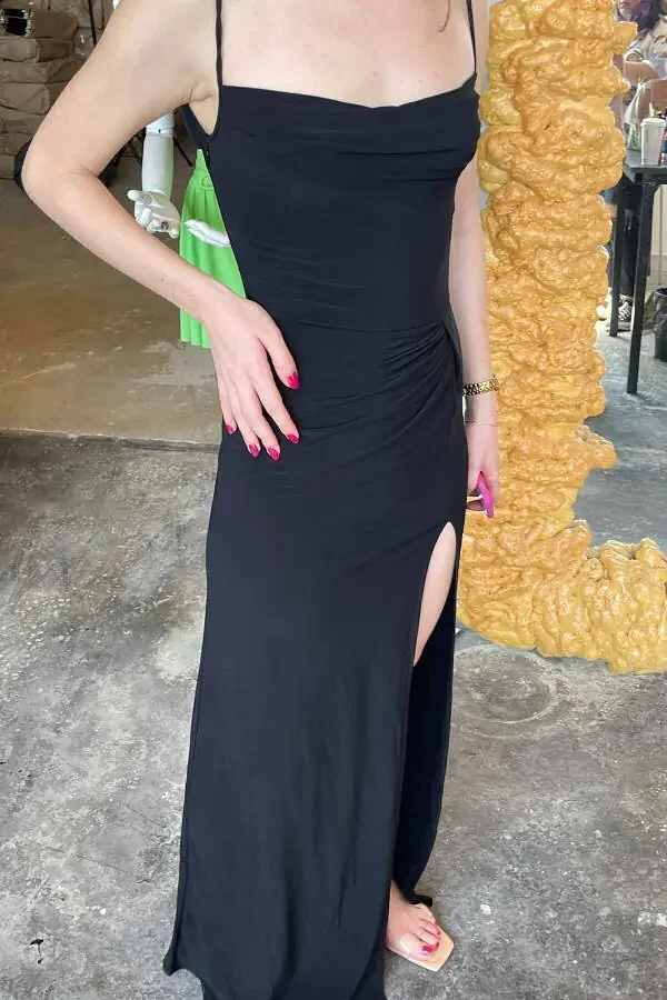 Black Deep Slit Draped Long Evening Dress - 4