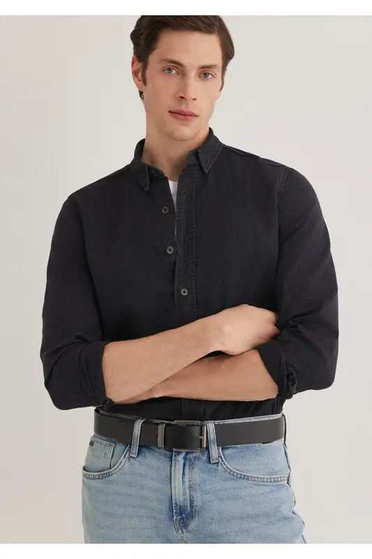 Black Denim Shirt Slim Fit / Dar Kesim 0211128-90 - 3