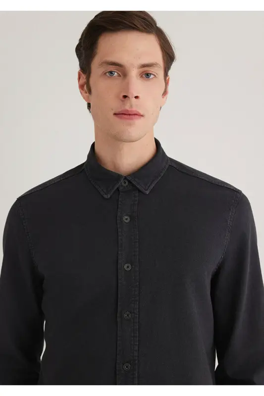 Black Denim Shirt Slim Fit / Dar Kesim 0211128-90 - 7