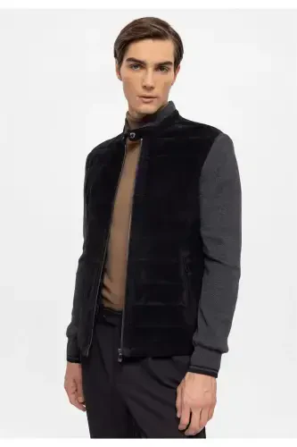 Black Diego Zippered Knit Sleeve And Collar Quilted Stitched Lined Men's Genuine Suede Jacket - 1