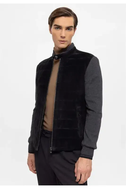 Black Diego Zippered Knit Sleeve And Collar Quilted Stitched Lined Men's Genuine Suede Jacket - DERIDERIM