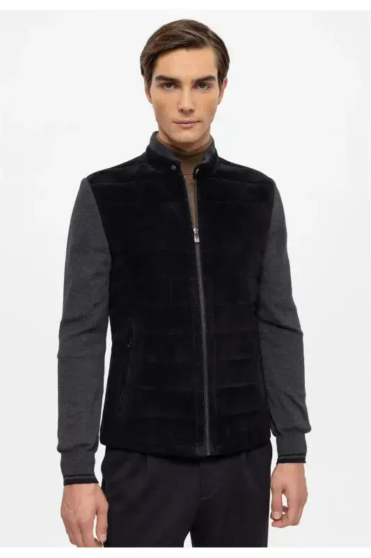 Black Diego Zippered Knit Sleeve And Collar Quilted Stitched Lined Men's Genuine Suede Jacket - 2