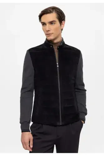 Black Diego Zippered Knit Sleeve And Collar Quilted Stitched Lined Men's Genuine Suede Jacket - 3