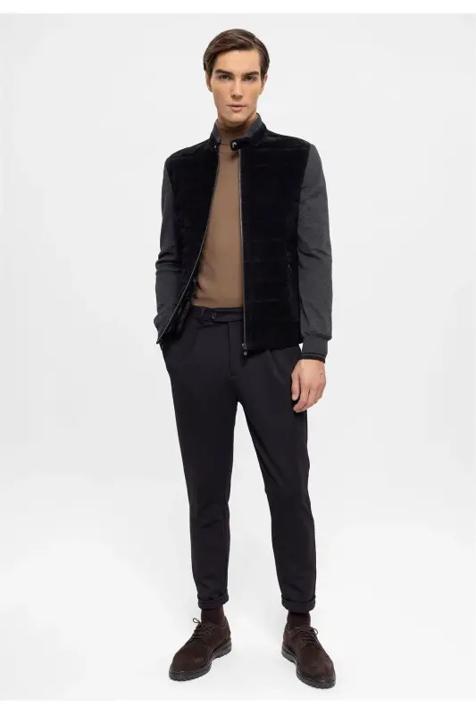 Black Diego Zippered Knit Sleeve And Collar Quilted Stitched Lined Men's Genuine Suede Jacket - 4