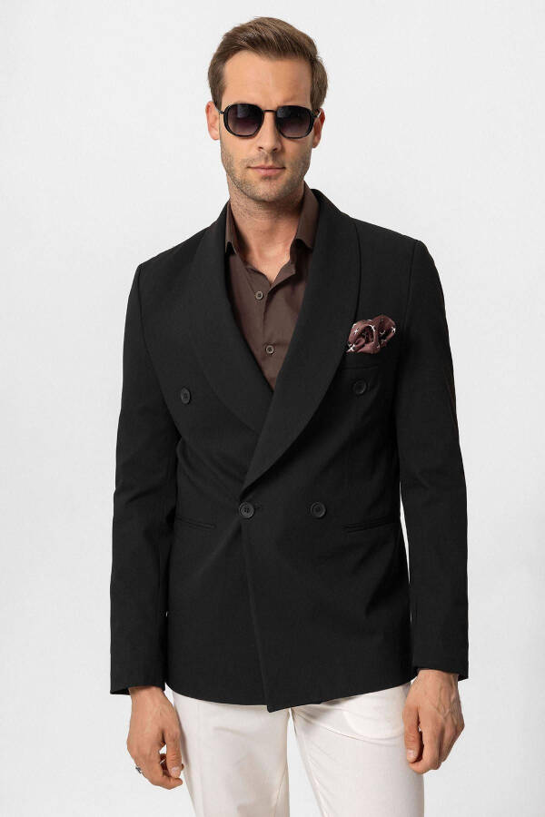 Black Double-Breasted Regular Fit Men's Blazer Jacket - 7