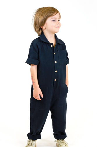 Black Double Muslin Collar and 3 Pocket Jumpsuit - CATZ KIDS (1)