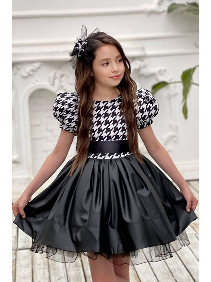 Black Dress with Balloon Sleeves, Checkered Leather Skirt, Tulle Detail for Girls 2-12 Years Old - 1